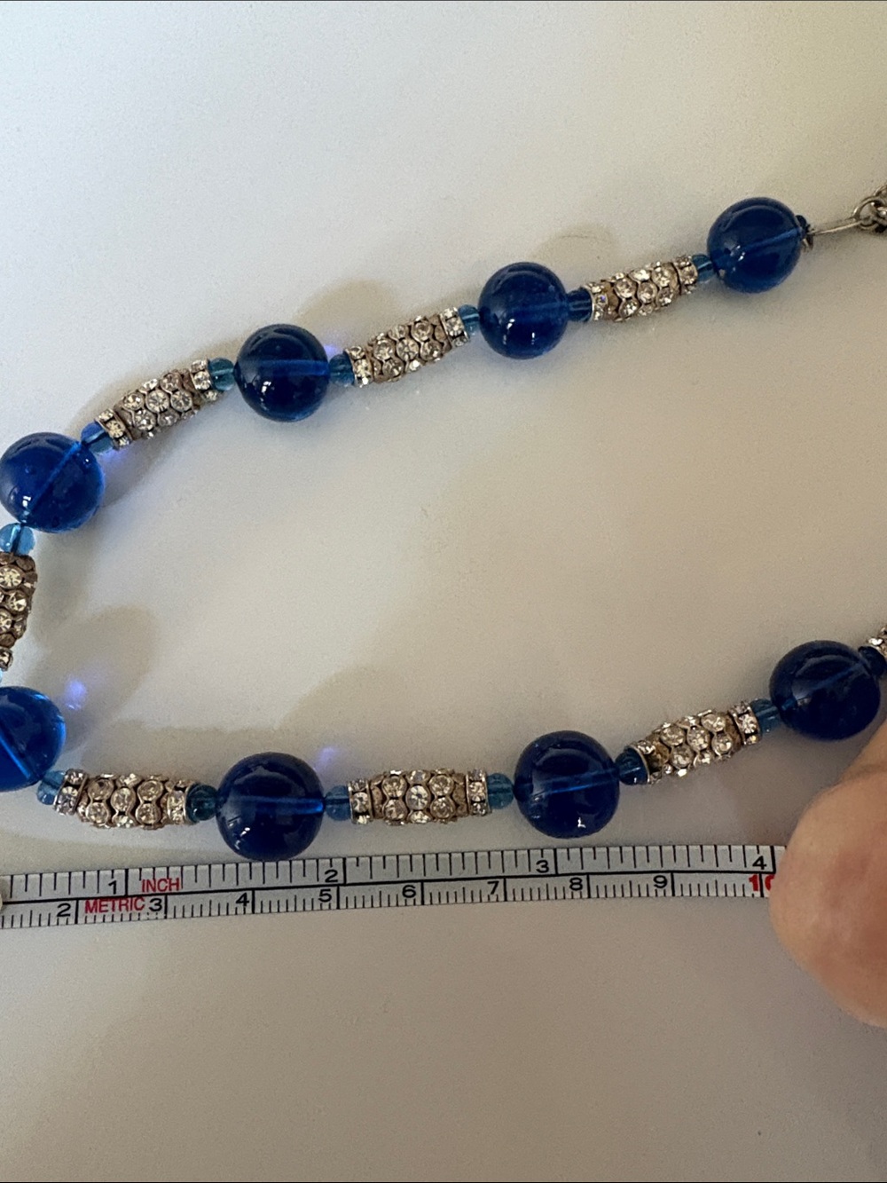 CHANEL Navy Blue Beaded Necklace with Silver-Tone Crystal Spacers